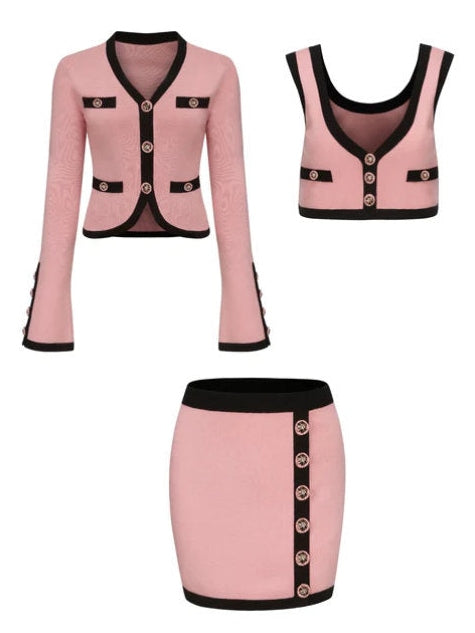 Three-Piece Knit Cardigan, Top and Skirt Set in Pink with Black Trim - Branna Couture