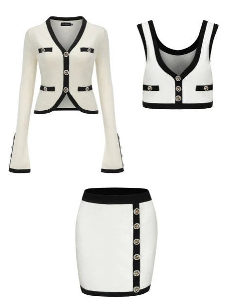 Three-Piece Knit Cardigan, Top and Skirt Set in White with Black Trim - Branna Couture