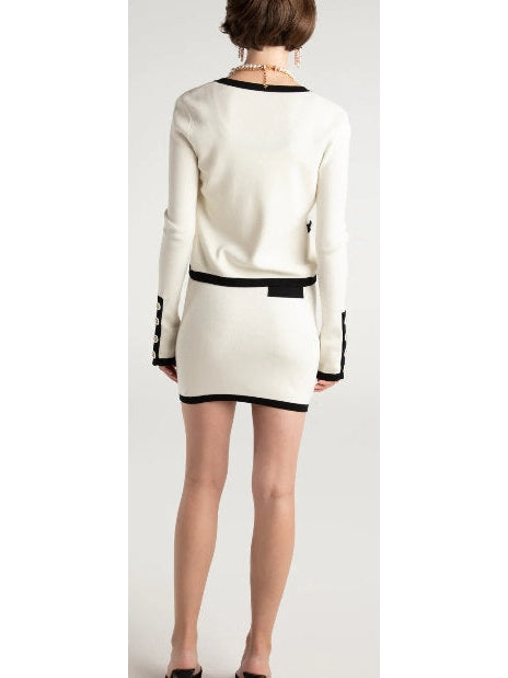 Three-Piece Knit Cardigan, Top and Skirt Set in White with Black Trim - Branna Couture