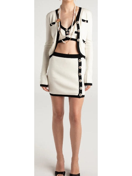 Three-Piece Knit Cardigan, Top and Skirt Set in White with Black Trim - Branna Couture