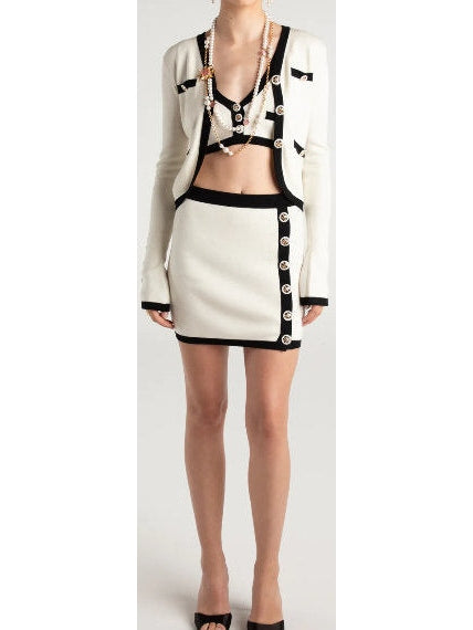 Three-Piece Knit Cardigan, Top and Skirt Set in White with Black Trim - Branna Couture