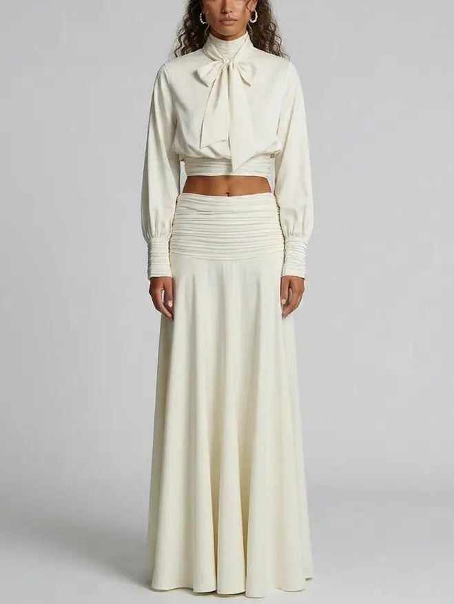 Tie-Neck Crop Top and Maxi Skirt Set in Ivory - Small - Suits & Sets