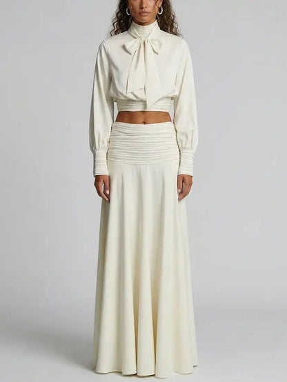 Tie-Neck Crop Top and Maxi Skirt Set in Ivory - Small - Suits & Sets