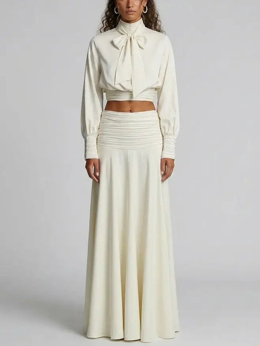 Tie-Neck Crop Top and Maxi Skirt Set in Ivory - Small - Suits & Sets
