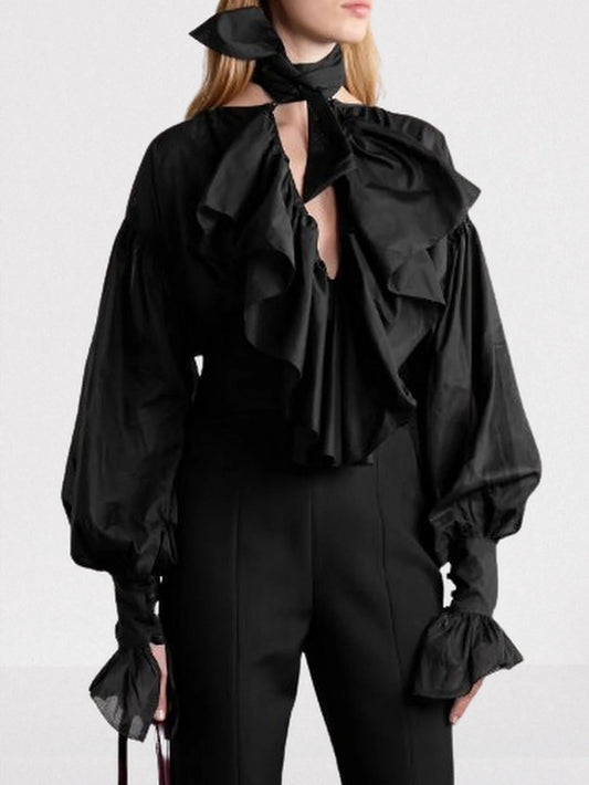 Tie-Neck Ruffled Blouse in Black - Small - Tops