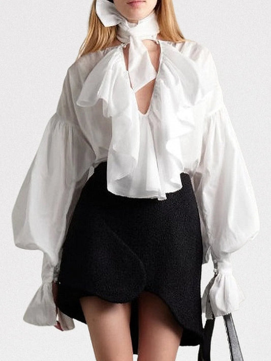 Tie-Neck Ruffled Blouse in White - Small - Tops