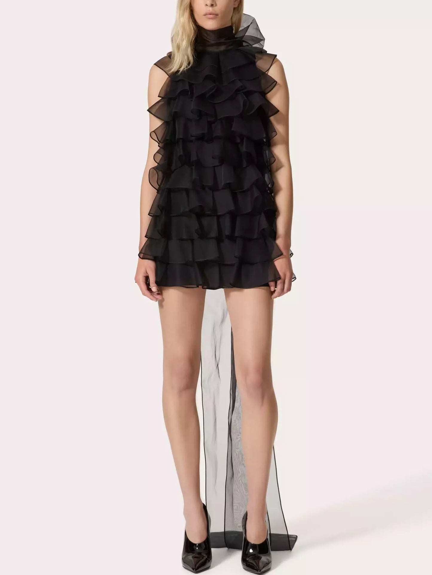 Tie-Neck Tiered Organza Ruffle Mini Dress in Black