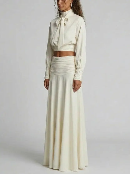 Tie-Neck Crop Top and Maxi Skirt Set in Ivory - Suits & Sets