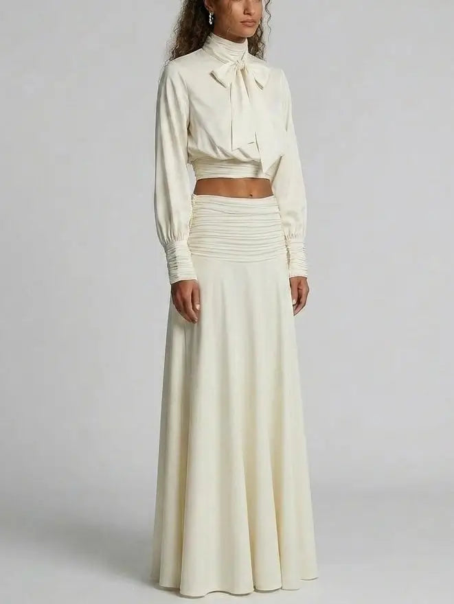 Tie-Neck Crop Top and Maxi Skirt Set in Ivory - Suits & Sets