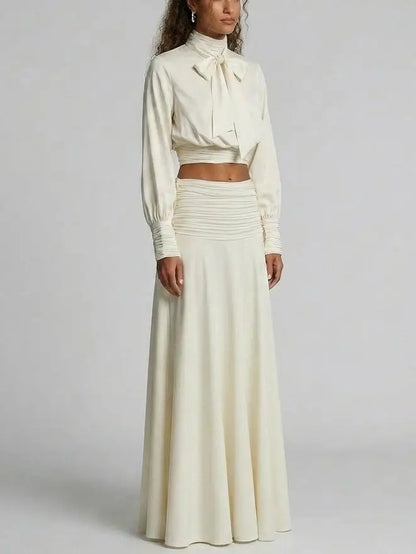 Tie-Neck Crop Top and Maxi Skirt Set in Ivory - Suits & Sets