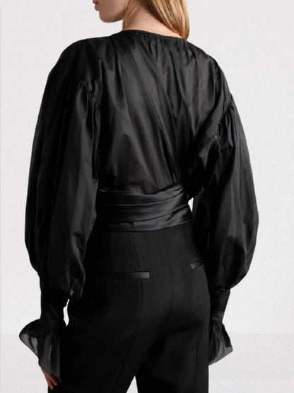 Tie-Neck Ruffled Blouse in Black - Tops