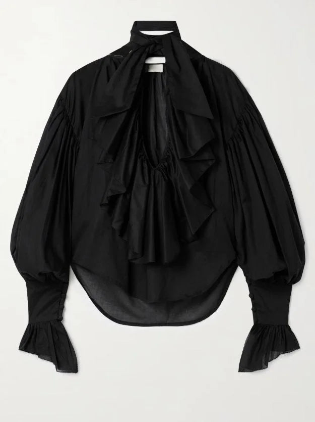 Tie-Neck Ruffled Blouse in Black - Tops