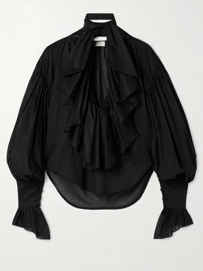 Tie-Neck Ruffled Blouse in Black - Tops