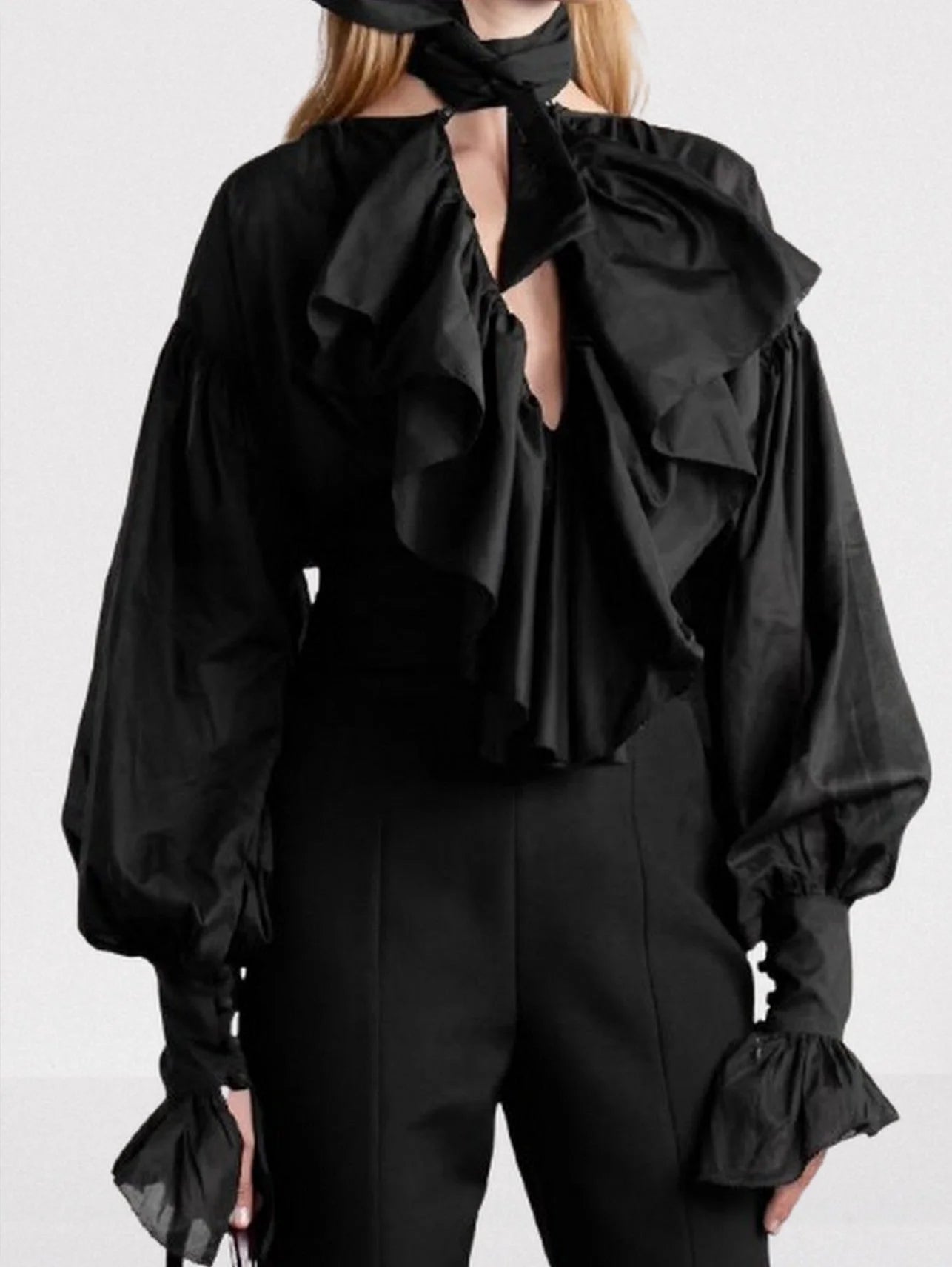 Tie-Neck Ruffled Blouse in Black - Tops