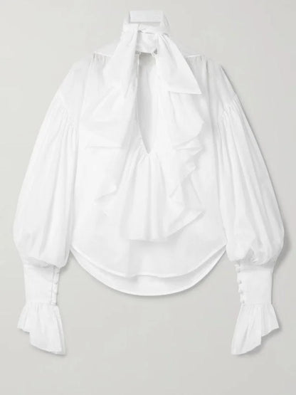 Tie-Neck Ruffled Blouse in White - Tops