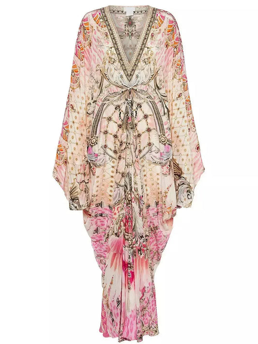 Tie-Waist Print V-Neck Silk Kaftan Dress in Pink Shades - Branna Couture