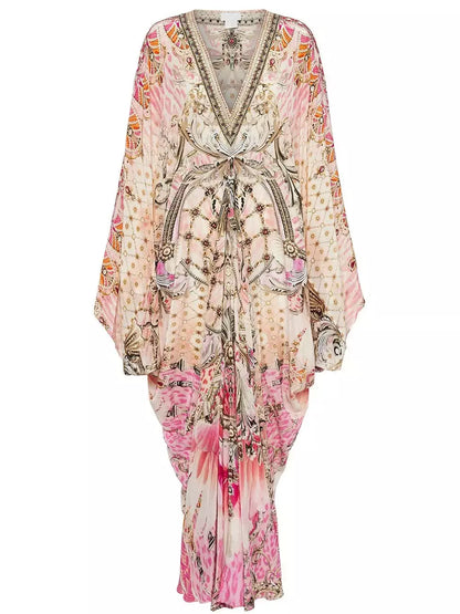 Tie-Waist Print V-Neck Silk Kaftan Dress in Pink Shades - Branna Couture