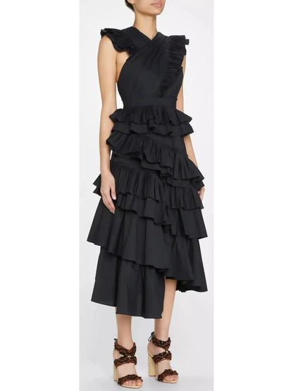 Tiered Cotton Midi Dress in Black - Branna Couture