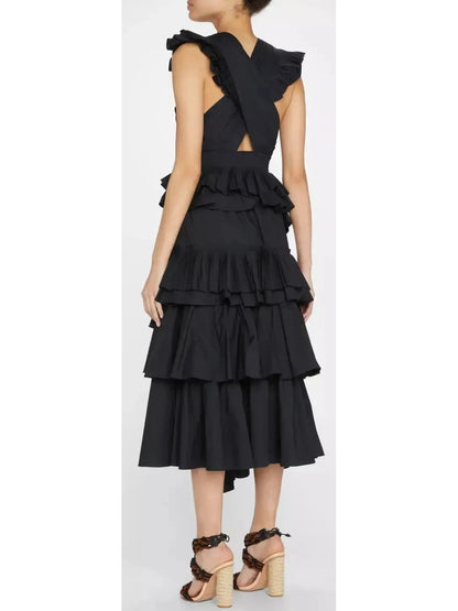 Tiered Cotton Midi Dress in Black - Branna Couture