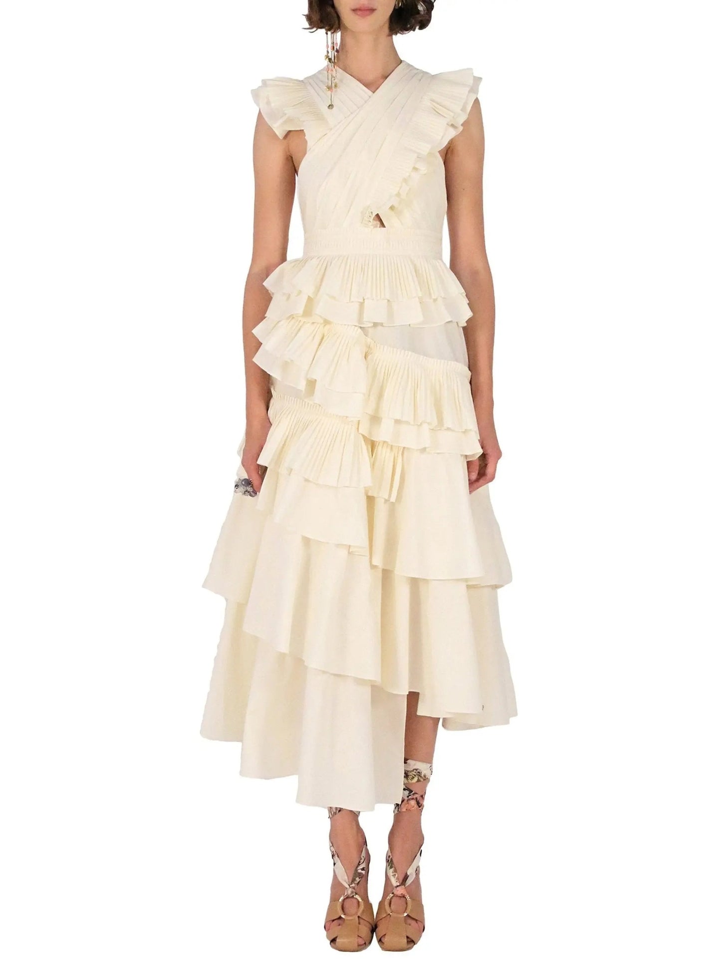 Tiered Cotton Midi Dress in Cream - Branna Couture