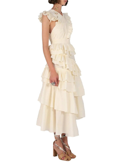 Tiered Cotton Midi Dress in Cream - Branna Couture