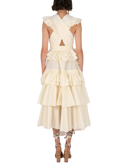 Tiered Cotton Midi Dress in Cream - Branna Couture