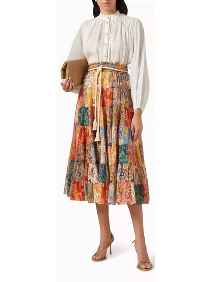 Tiered Midi Skirt in Patch Floral Print - Branna Couture