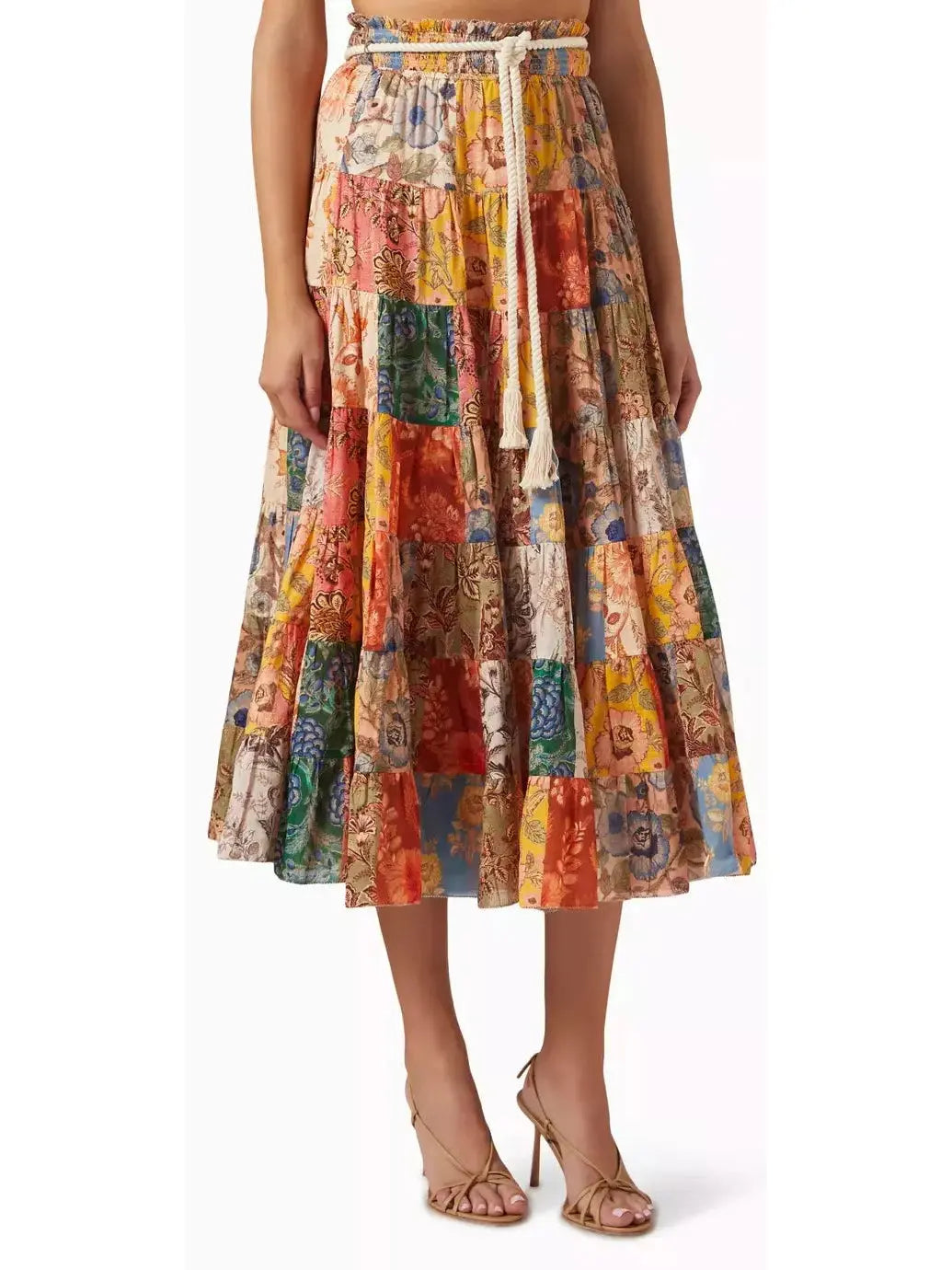 Tiered Midi Skirt in Patch Floral Print - Branna Couture