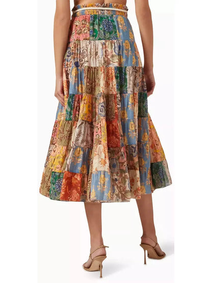 Tiered Midi Skirt in Patch Floral Print - Branna Couture