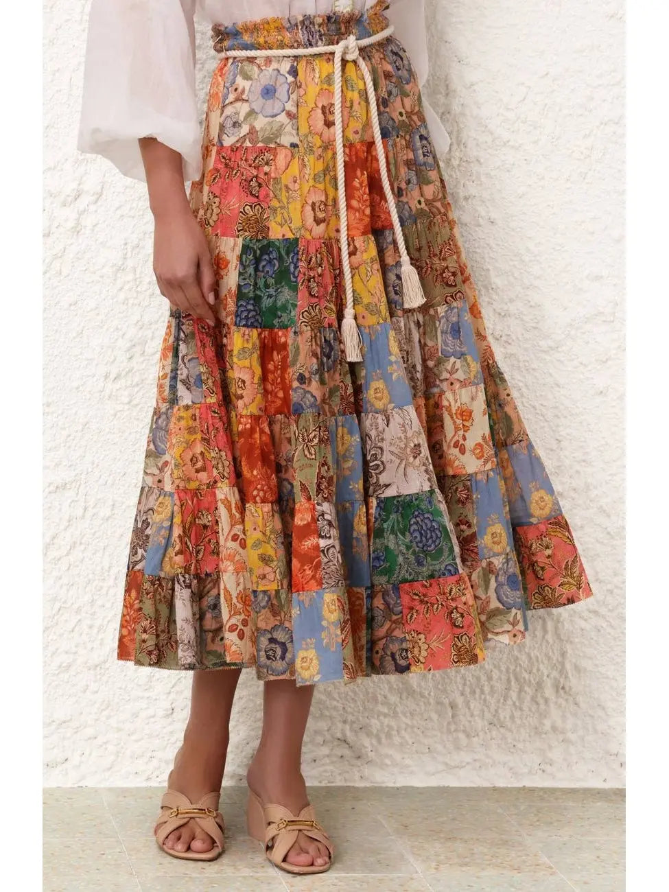 Tiered Midi Skirt in Patch Floral Print - Branna Couture