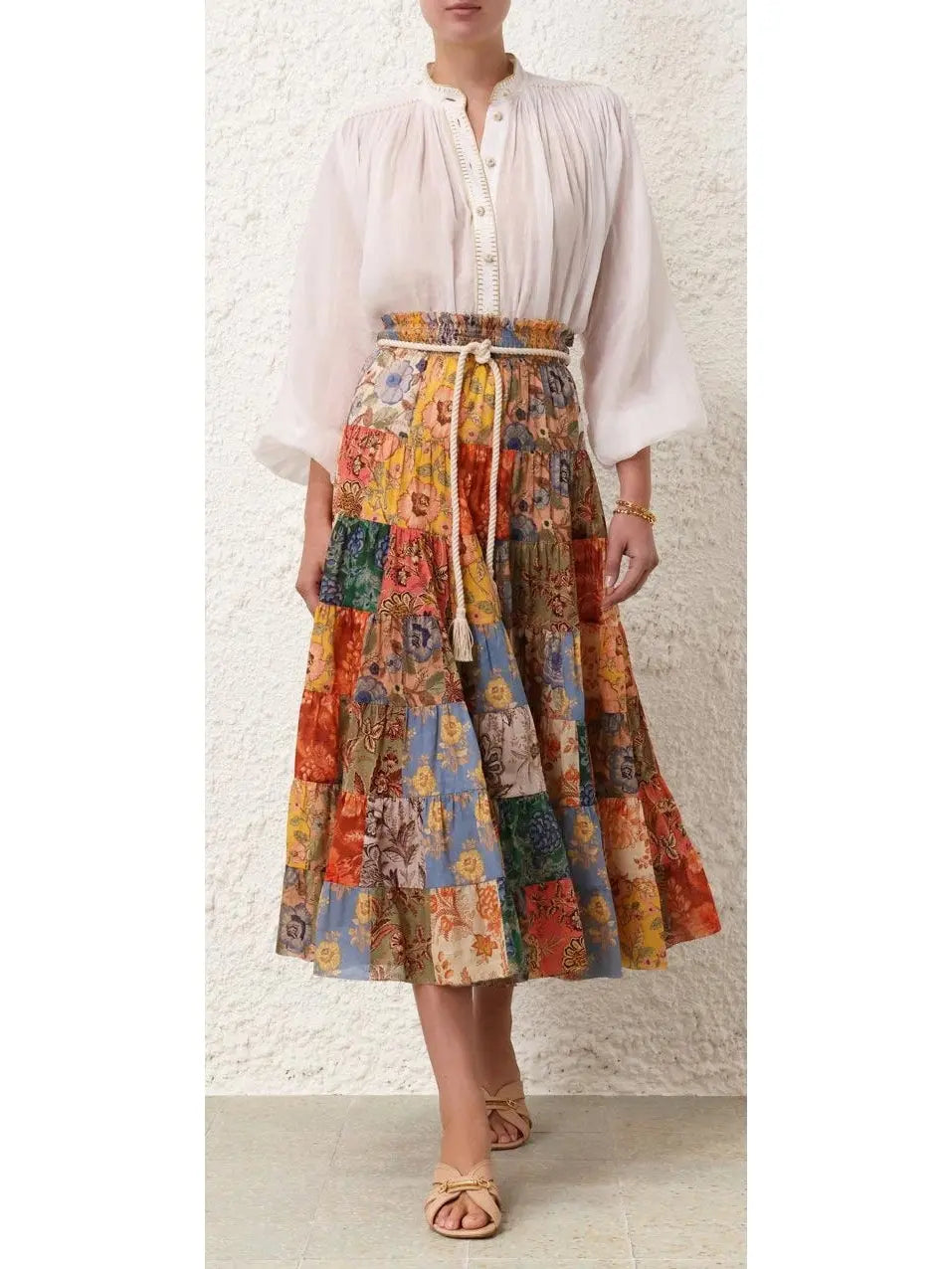 Tiered Midi Skirt in Patch Floral Print - Branna Couture