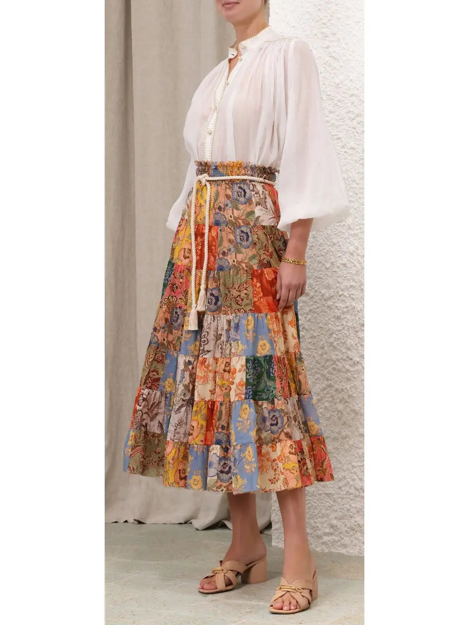 Tiered Midi Skirt in Patch Floral Print - Branna Couture