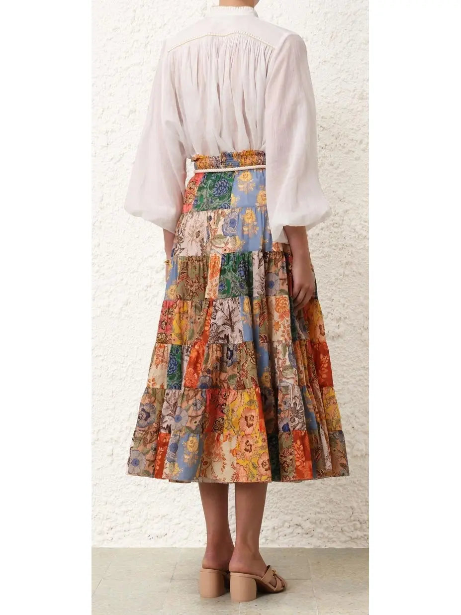 Tiered Midi Skirt in Patch Floral Print - Branna Couture