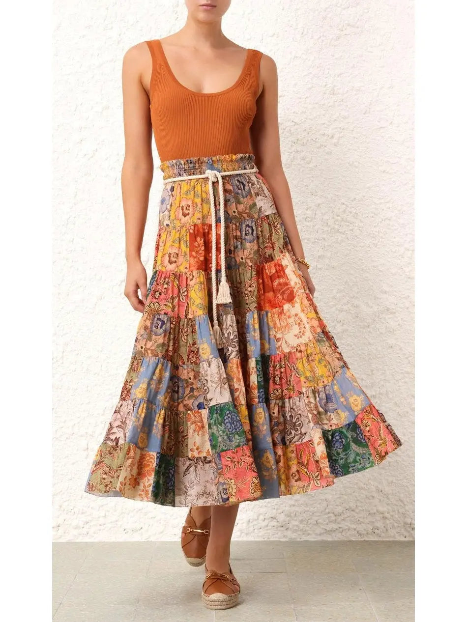 Tiered Midi Skirt in Patch Floral Print - Branna Couture