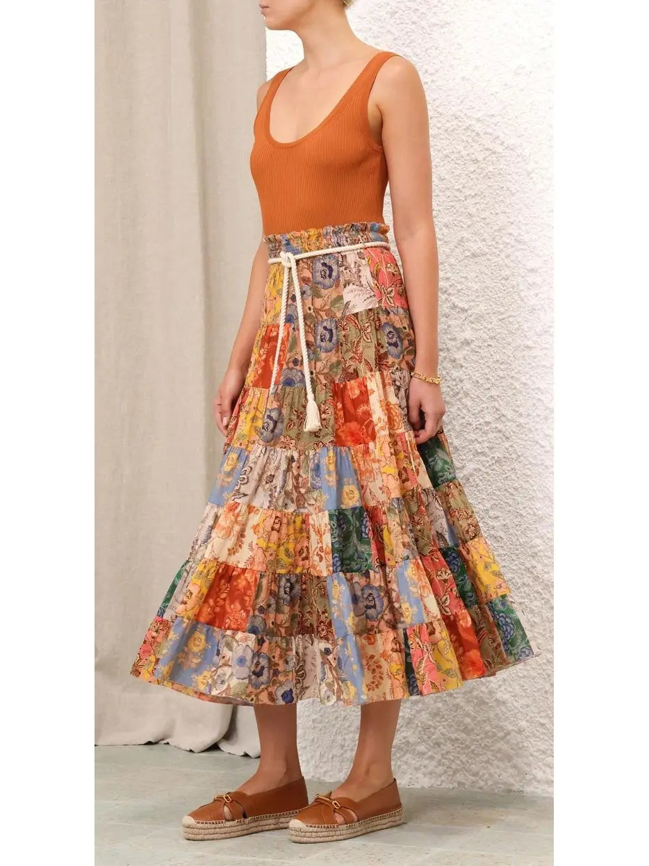 Tiered Midi Skirt in Patch Floral Print - Branna Couture