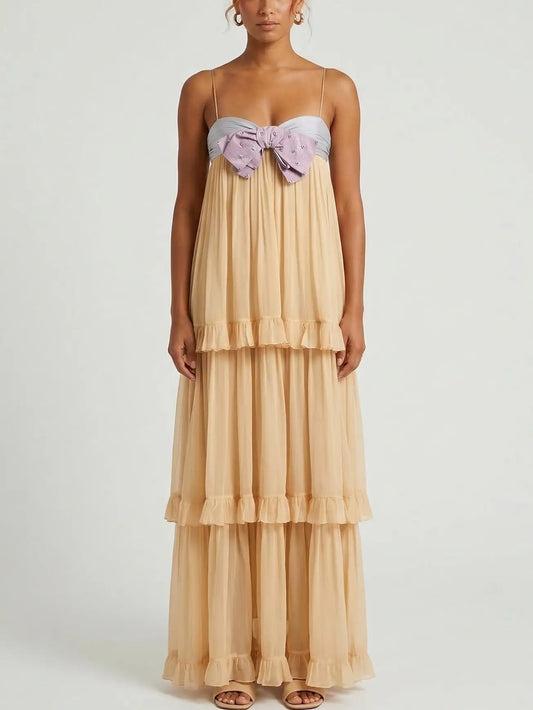 Tiered Chiffon Maxi Dress with Embellished Bow - Small - Dresses