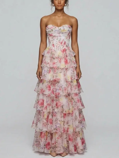 Tiered Floral Strapless Corset Evening Gown - XS - Dresses