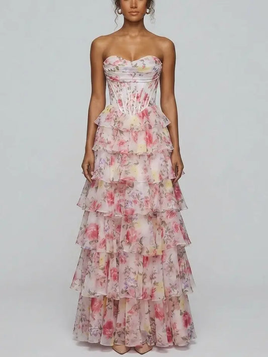 Tiered Floral Strapless Corset Evening Gown - XS - Dresses