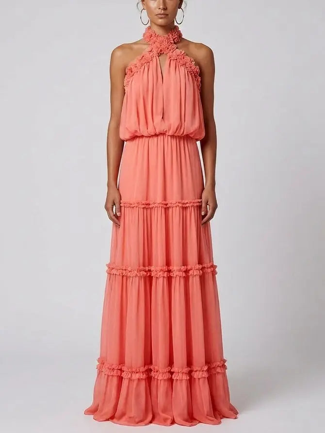 Tiered Halter Maxi Dress in Deep Coral Pink - XS - Dresses