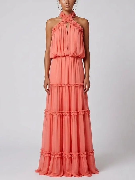 Tiered Halter Maxi Dress in Deep Coral Pink - XS - Dresses