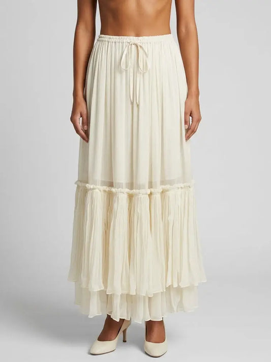 Tiered Layered Maxi Skirt with Drawstring Waist - Small / Cream - Skirts