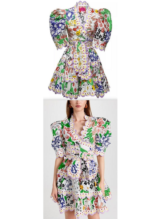 Tiered Scalloped Puff-Sleeve Multicolor Floral-Printed Mini Dress - Branna Couture