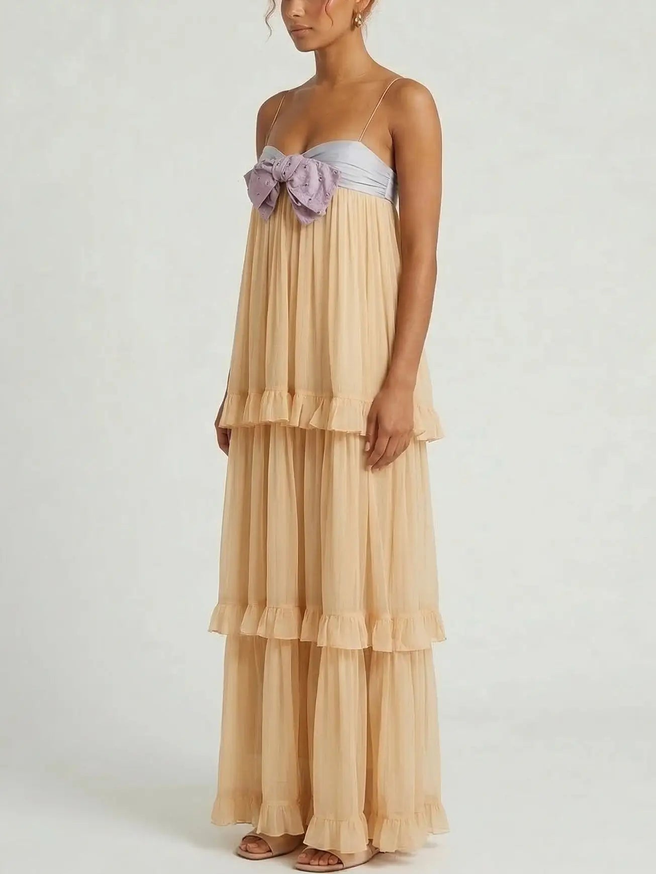 Tiered Chiffon Maxi Dress with Embellished Bow - Dresses