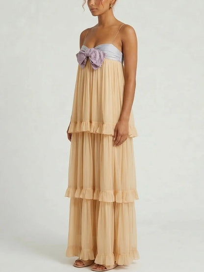 Tiered Chiffon Maxi Dress with Embellished Bow - Dresses