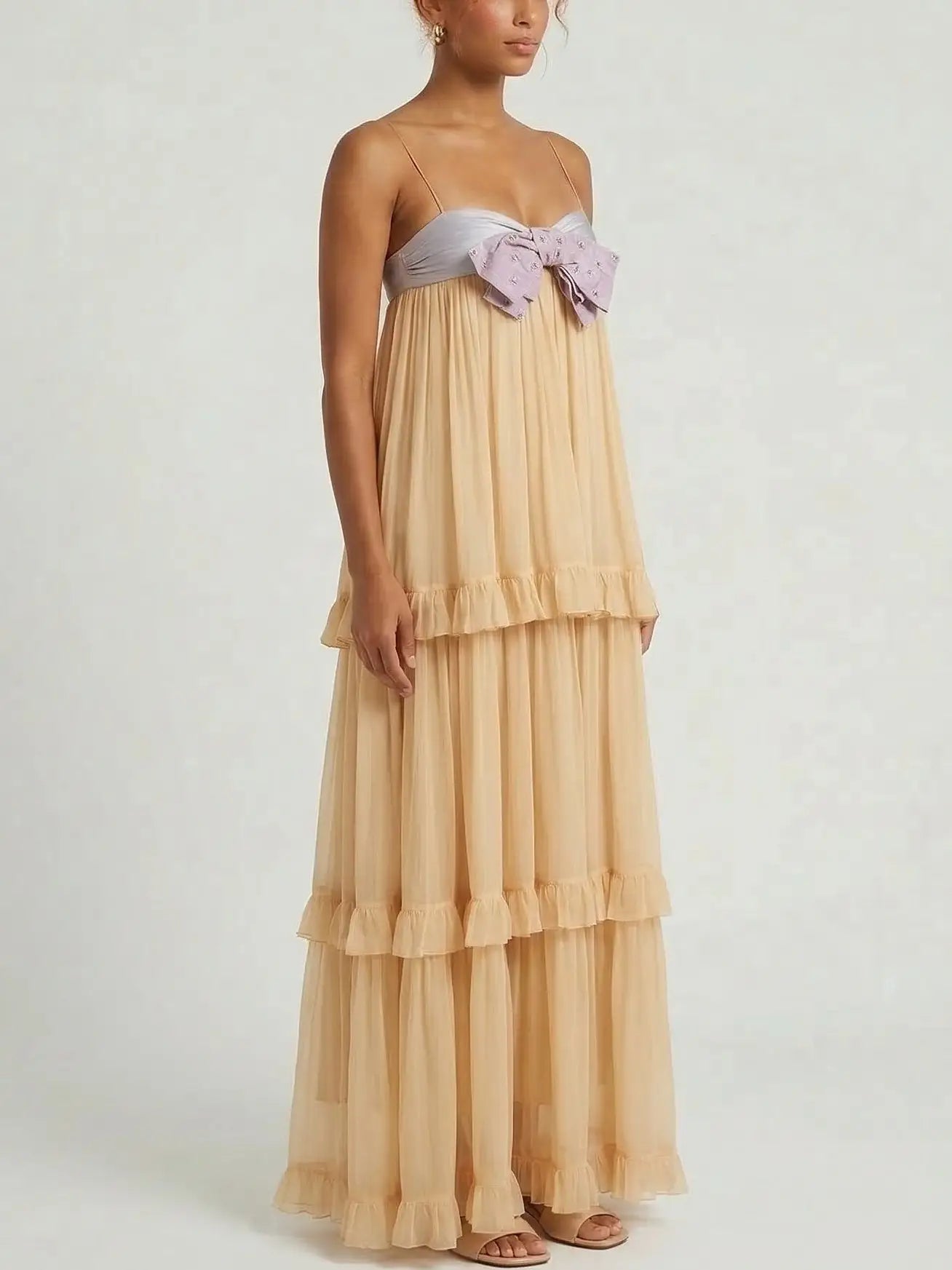 Tiered Chiffon Maxi Dress with Embellished Bow - Dresses