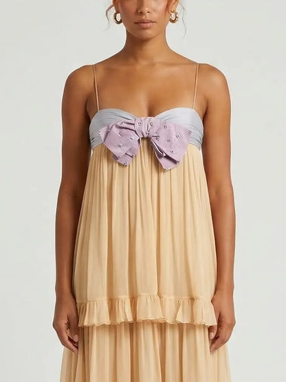 Tiered Chiffon Maxi Dress with Embellished Bow - Dresses