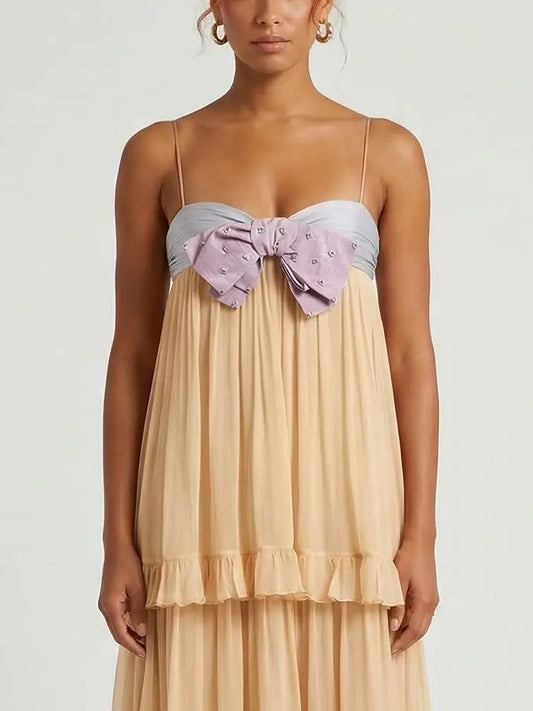 Tiered Chiffon Maxi Dress with Embellished Bow - Dresses