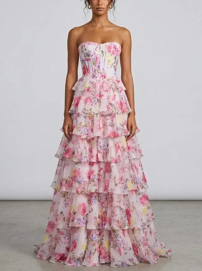 Tiered Floral Strapless Corset Evening Gown - Dresses