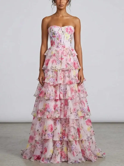 Tiered Floral Strapless Corset Evening Gown - Dresses