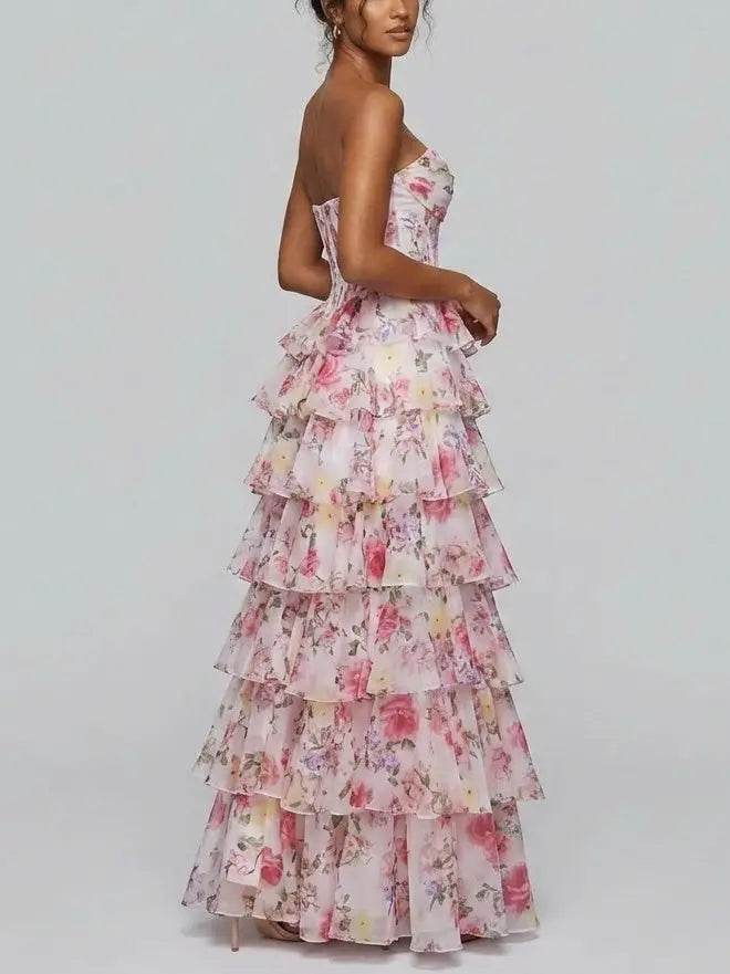 Tiered Floral Strapless Corset Evening Gown - Dresses